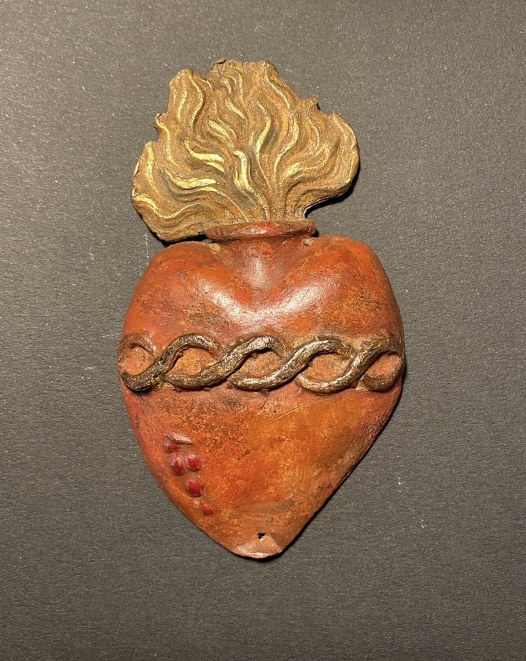 Ex-voto. Ardent Heart. Sacred Heart, 19th Century, In Lead. 