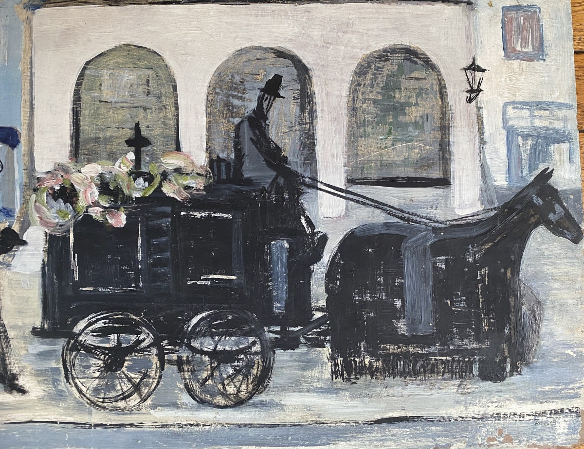 “funeral With Horse-drawn Hearse”. Oil On Cardboard. French School, Early 20th Century. -photo-2