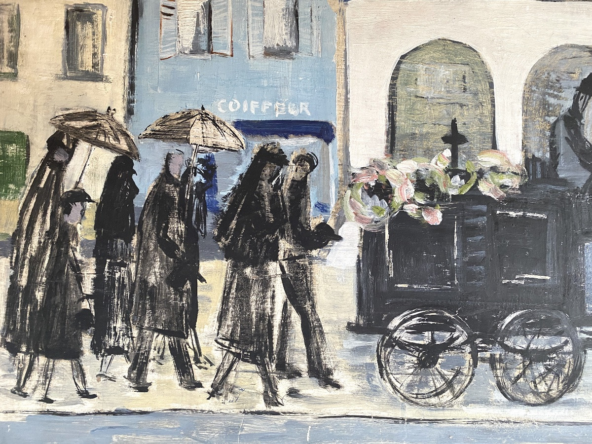 “funeral With Horse-drawn Hearse”. Oil On Cardboard. French School, Early 20th Century. -photo-3