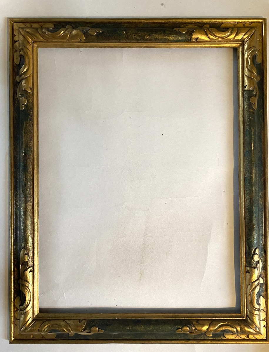 Cadre en bois style florentin milieu XXème. Patine verte et or. Coins Sculptés et dorés. -photo-2