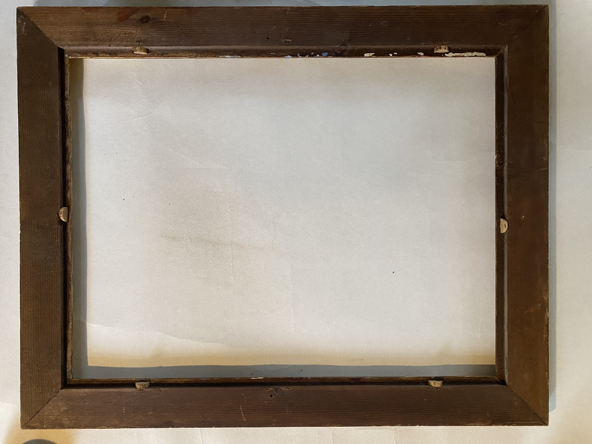 Cadre en bois style florentin milieu XXème. Patine verte et or. Coins Sculptés et dorés. -photo-3