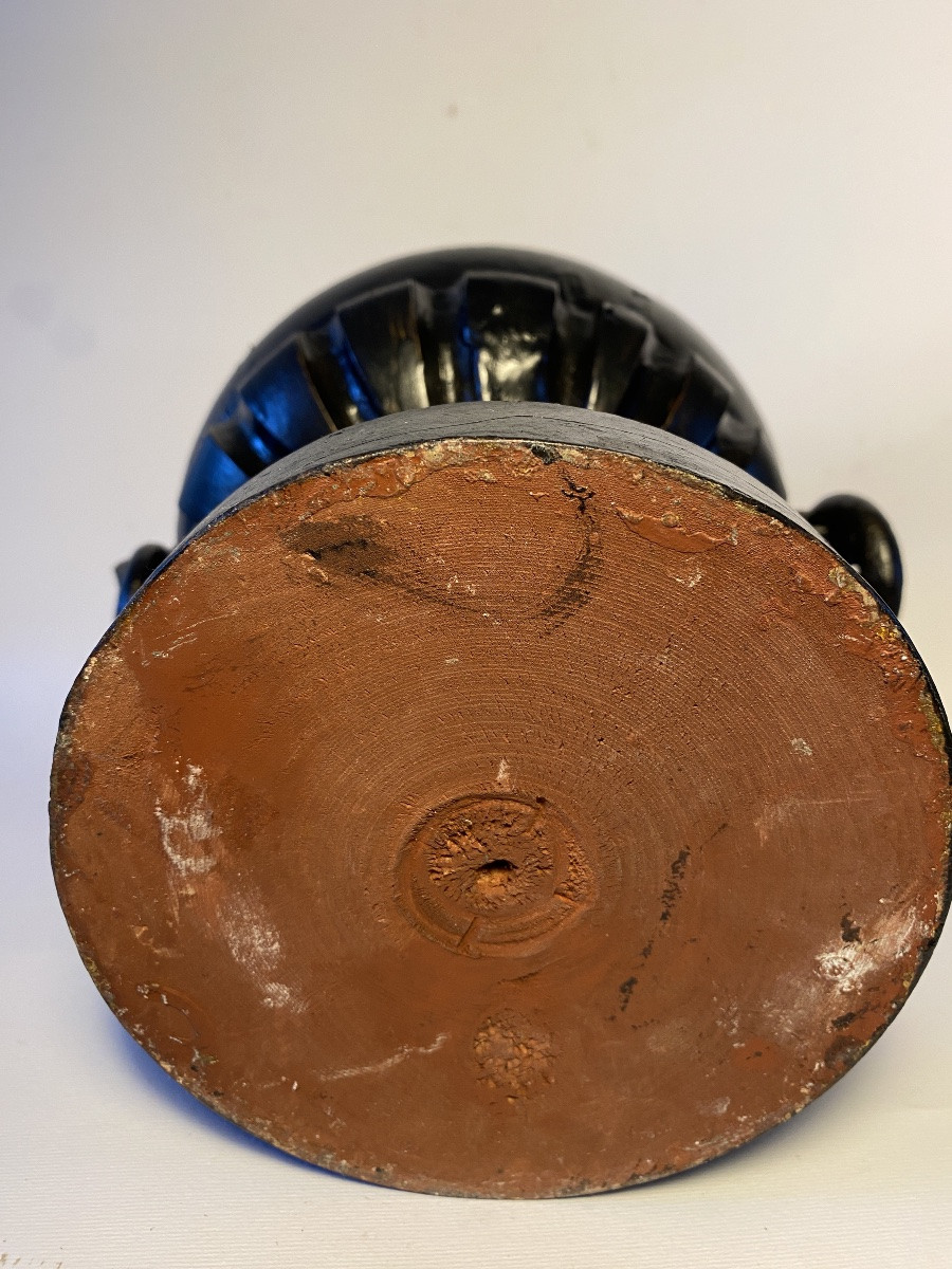 Vase décoratif en bois tourné et noirci milieu XXème. -photo-2