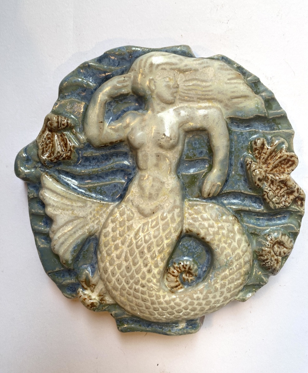 Roger Guérin. “mermaid And Triton”. Pair Of Decorative Stoneware Medallions, Mid-20th Century. -photo-2