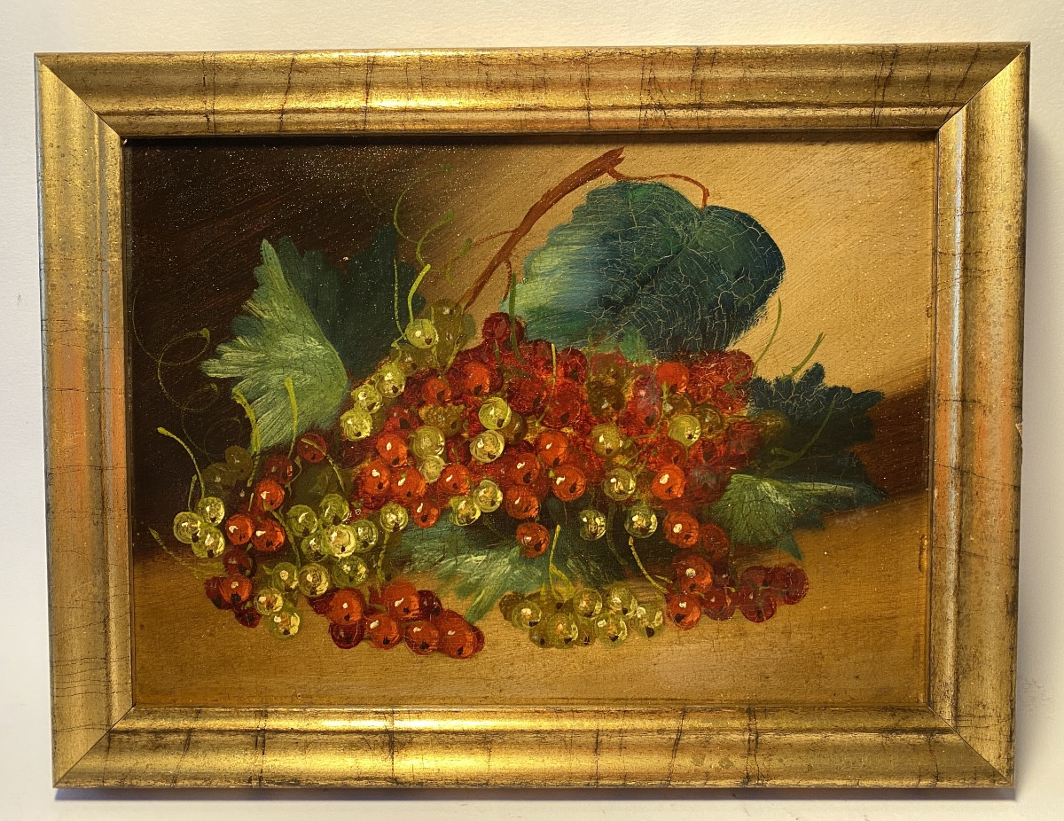 “Les groseilles”. Nature morte fin XIXème encadrée. 