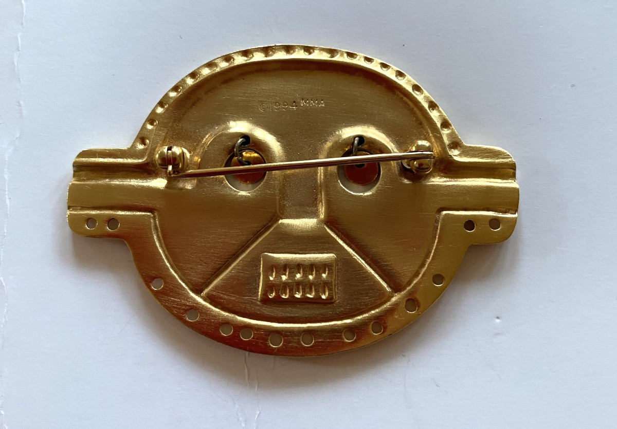 Gold-plated Metal Brooch. Replica Of A Pre-columbian Mask. Mma New York Edition. 1994.-photo-4