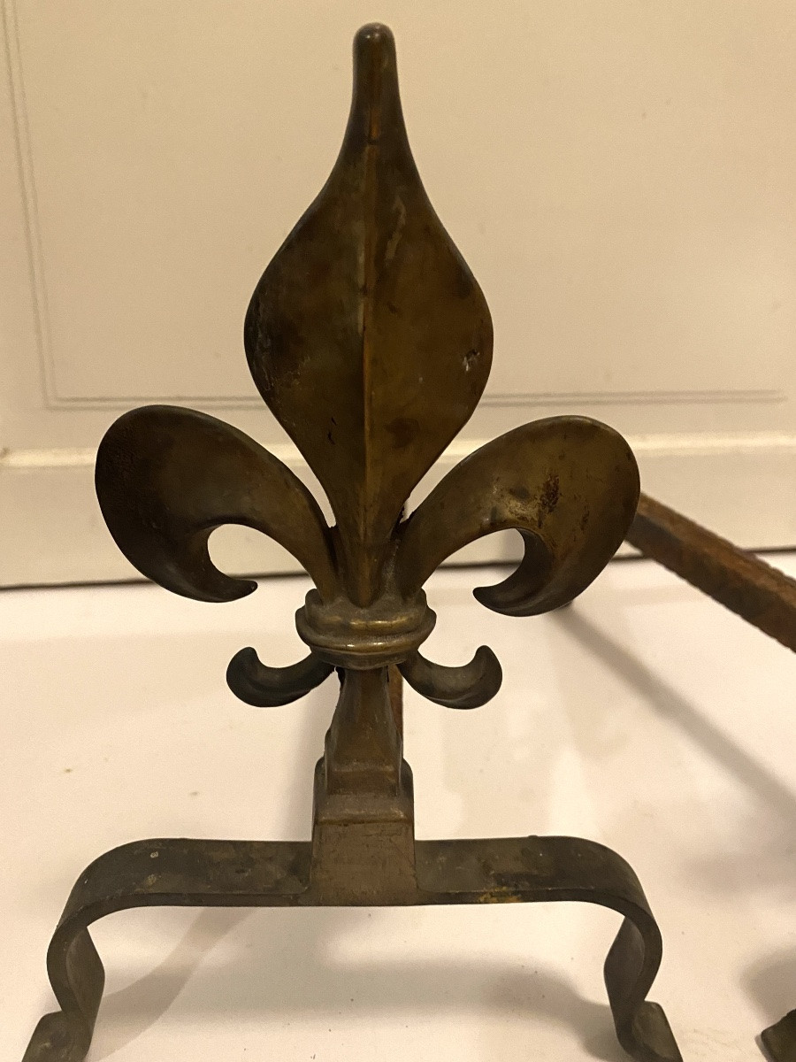 Paire de chenets début XXème. Fleurs de lys en bronze. Piétements en fer. -photo-2