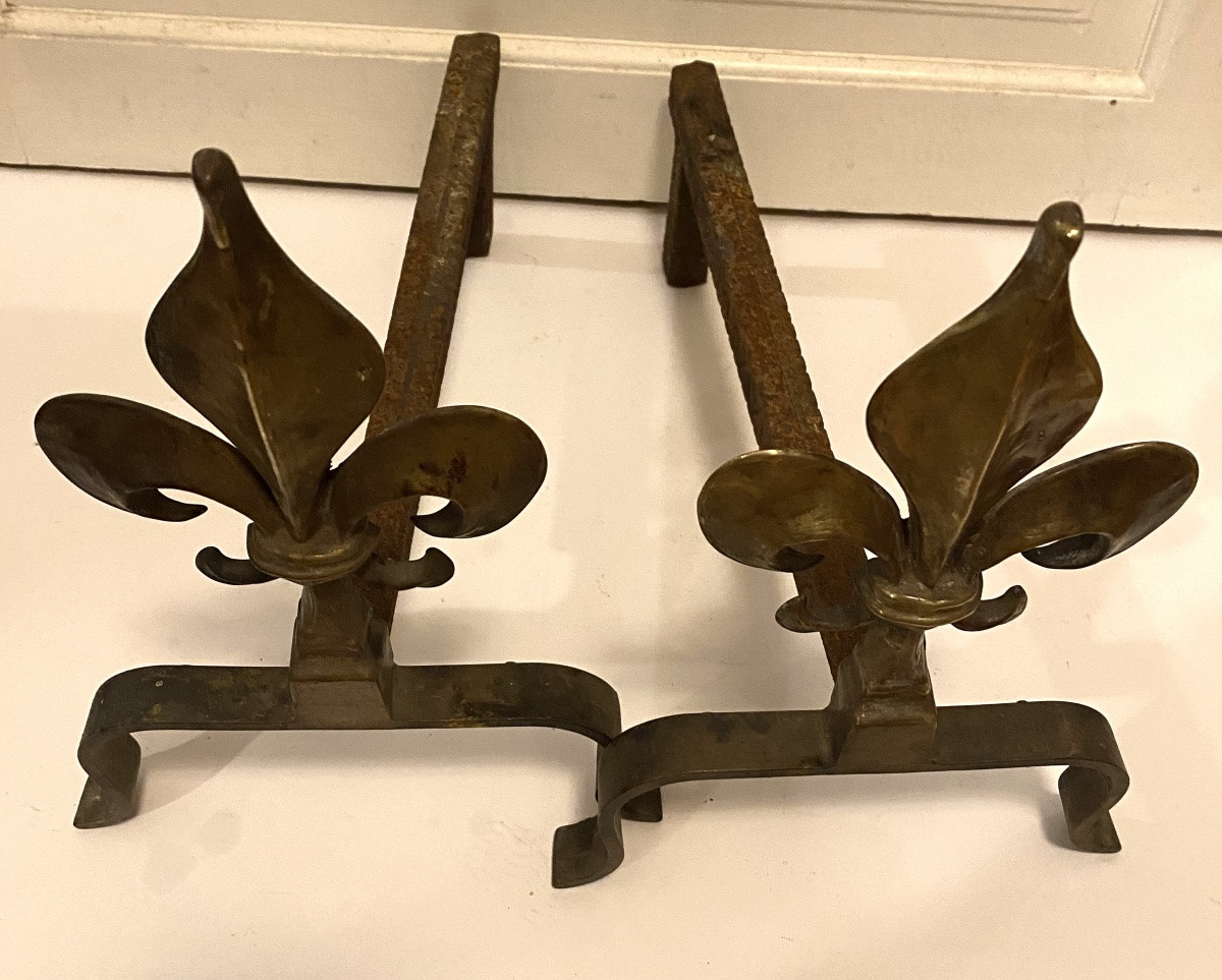 Paire de chenets début XXème. Fleurs de lys en bronze. Piétements en fer. -photo-4
