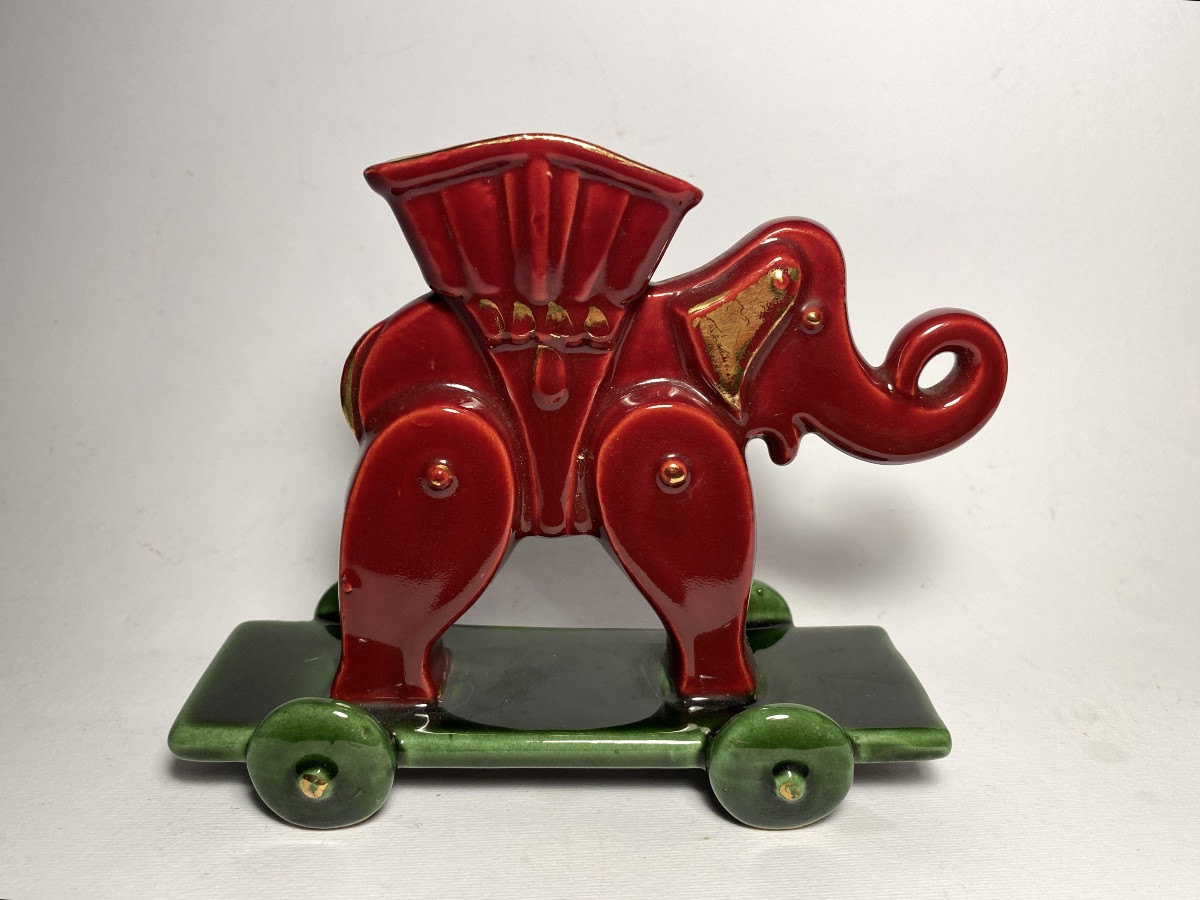 Ceramic Pyrogen. Toy. Elephant On Wheels. 1950s.-photo-3