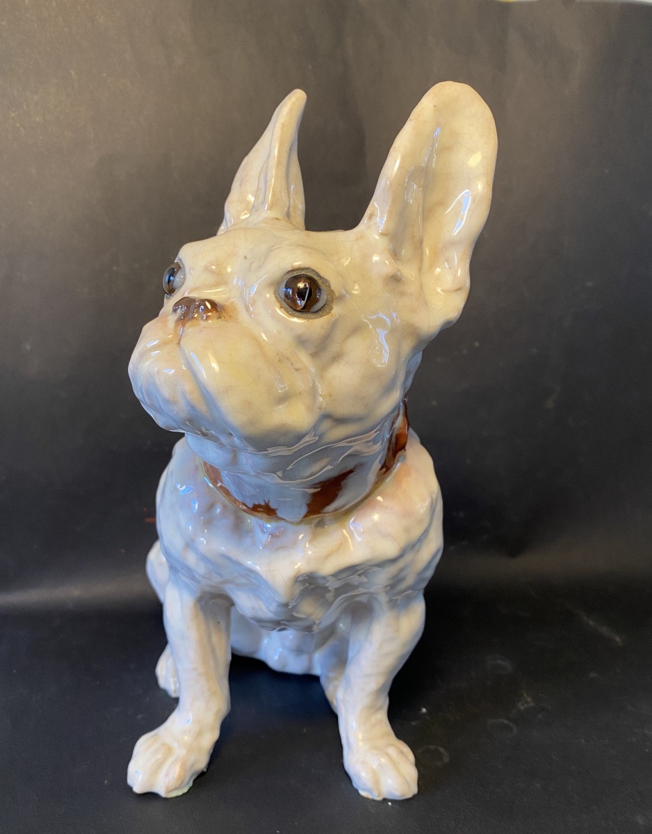 Bouledogue français. Céramique émaillée. Joseph Filmont. Caen. Poteries de Bavent. Début XXème.-photo-3