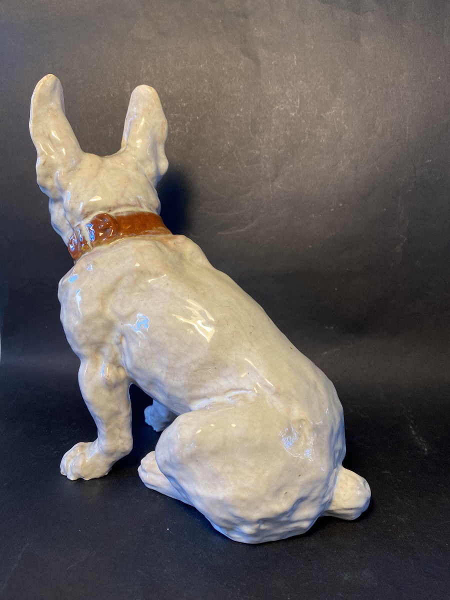 Bouledogue français. Céramique émaillée. Joseph Filmont. Caen. Poteries de Bavent. Début XXème.-photo-1