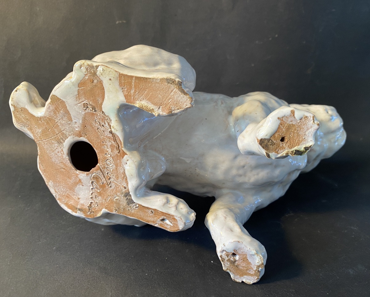 Bouledogue français. Céramique émaillée. Joseph Filmont. Caen. Poteries de Bavent. Début XXème.-photo-3