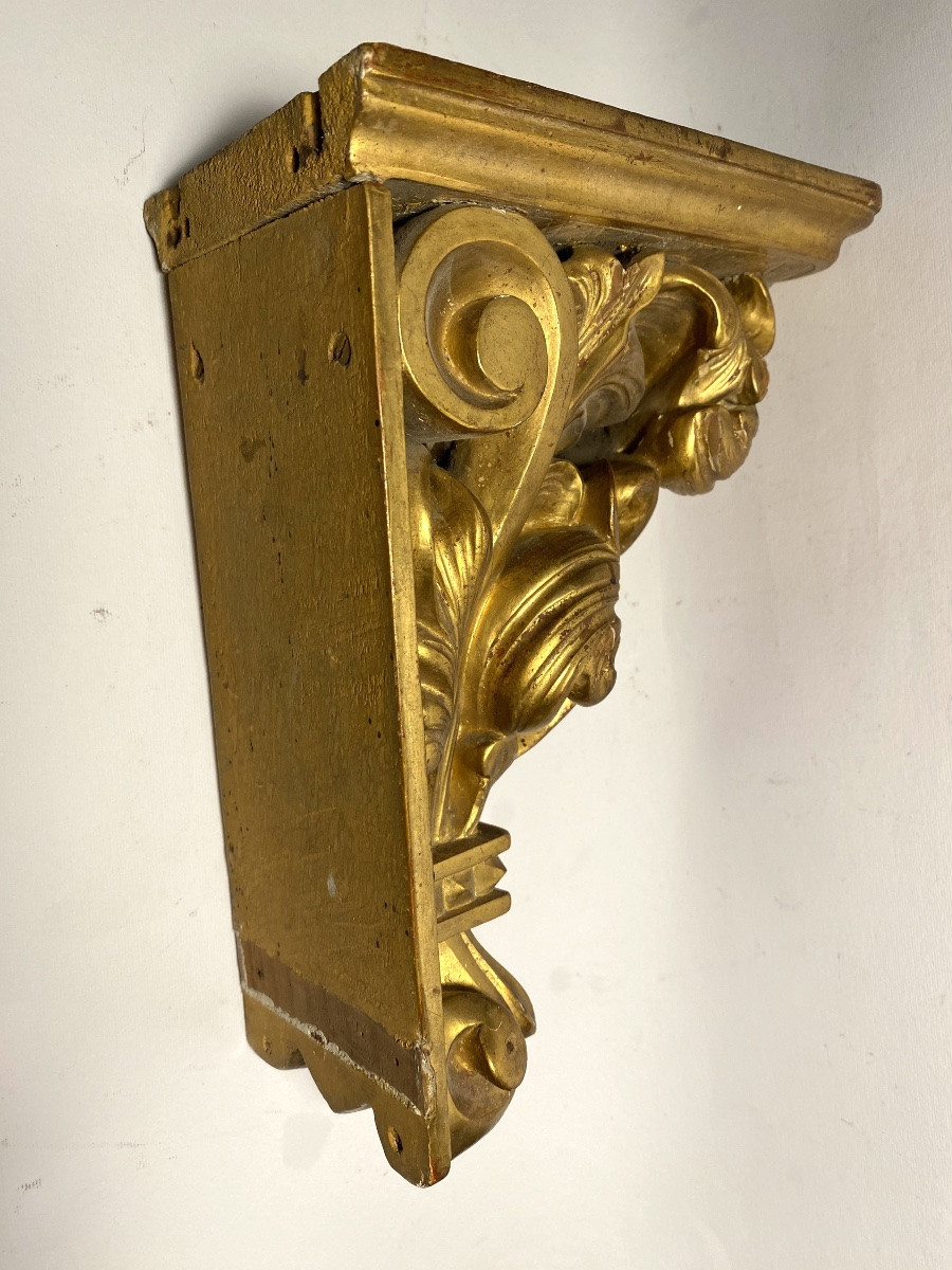 Wall Console. Carved And Gilded Wooden Pedestal, 19th Century. Acanthus And Scroll Decoration. -photo-2