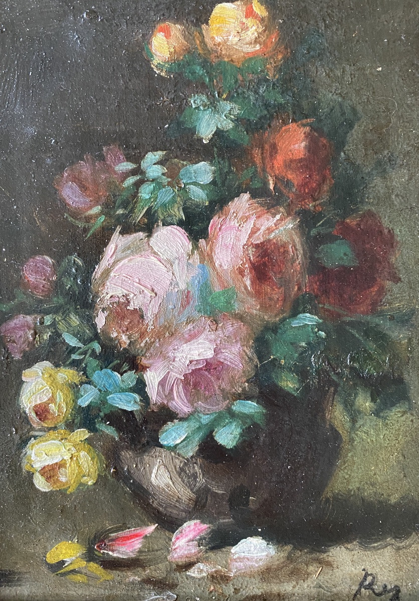 Nature morte. Bouquet de roses. Huile sur carton encadrée. Ecole française XIXème.-photo-2