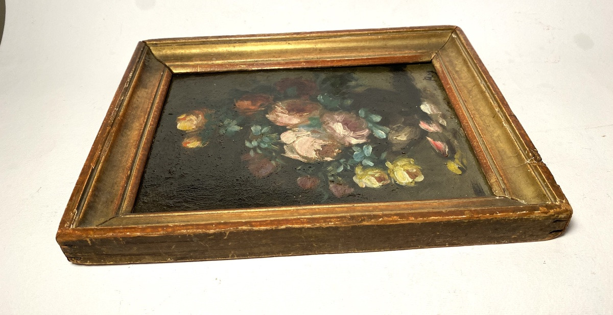 Nature morte. Bouquet de roses. Huile sur carton encadrée. Ecole française XIXème.-photo-4
