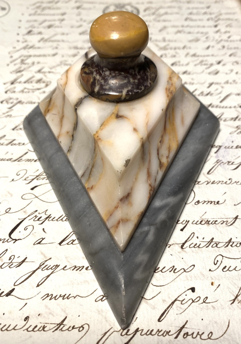 19th Marble Paperweight. Diamond Shape And Round Handle Made Of Four Different Marbles. -photo-1