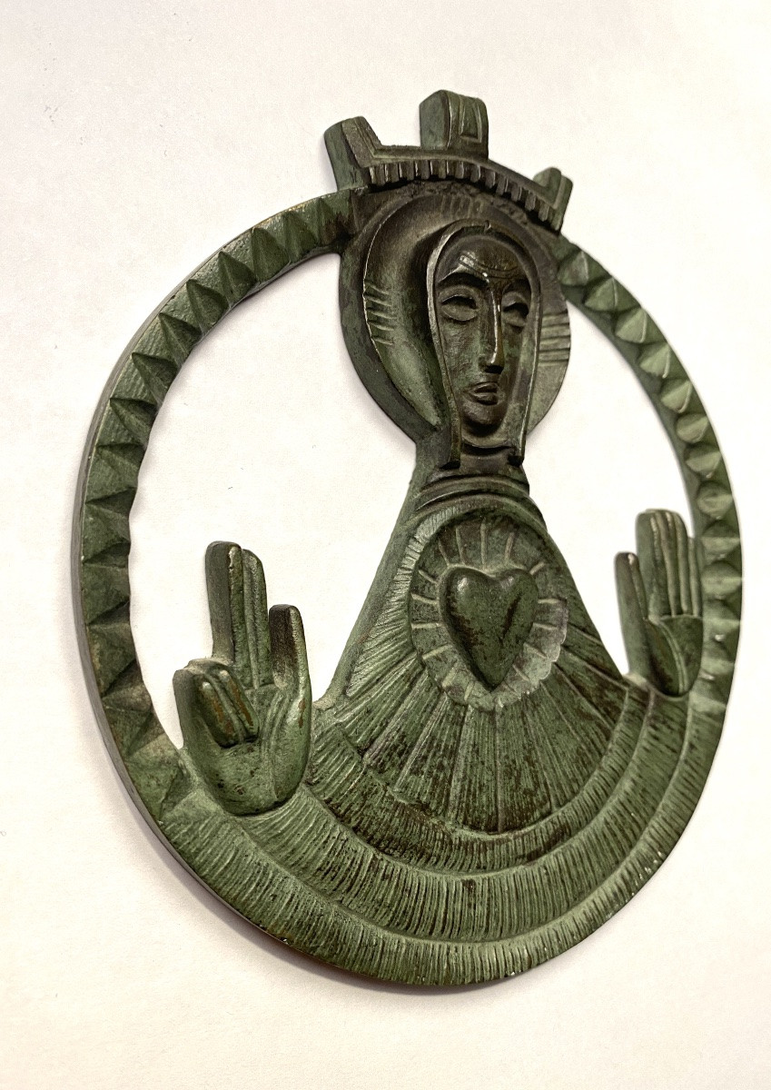 Jean Lambert-Rucki. Médaillon en bronze patiné milieu XXème. Christ Roi bénissant. Cœur ardent -photo-2