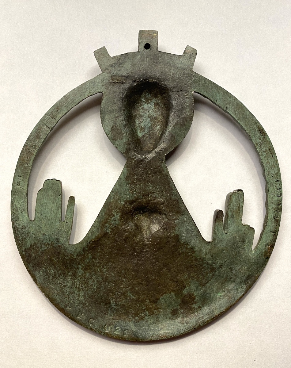 Jean Lambert-Rucki. Médaillon en bronze patiné milieu XXème. Christ Roi bénissant. Cœur ardent -photo-3