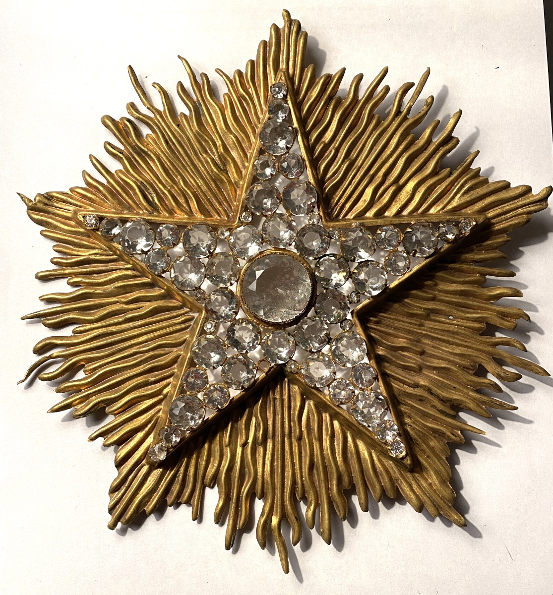 Grande étoile veilleuse de cierge XIXème. Strass sur fond rayonnant en laiton doré. -photo-2