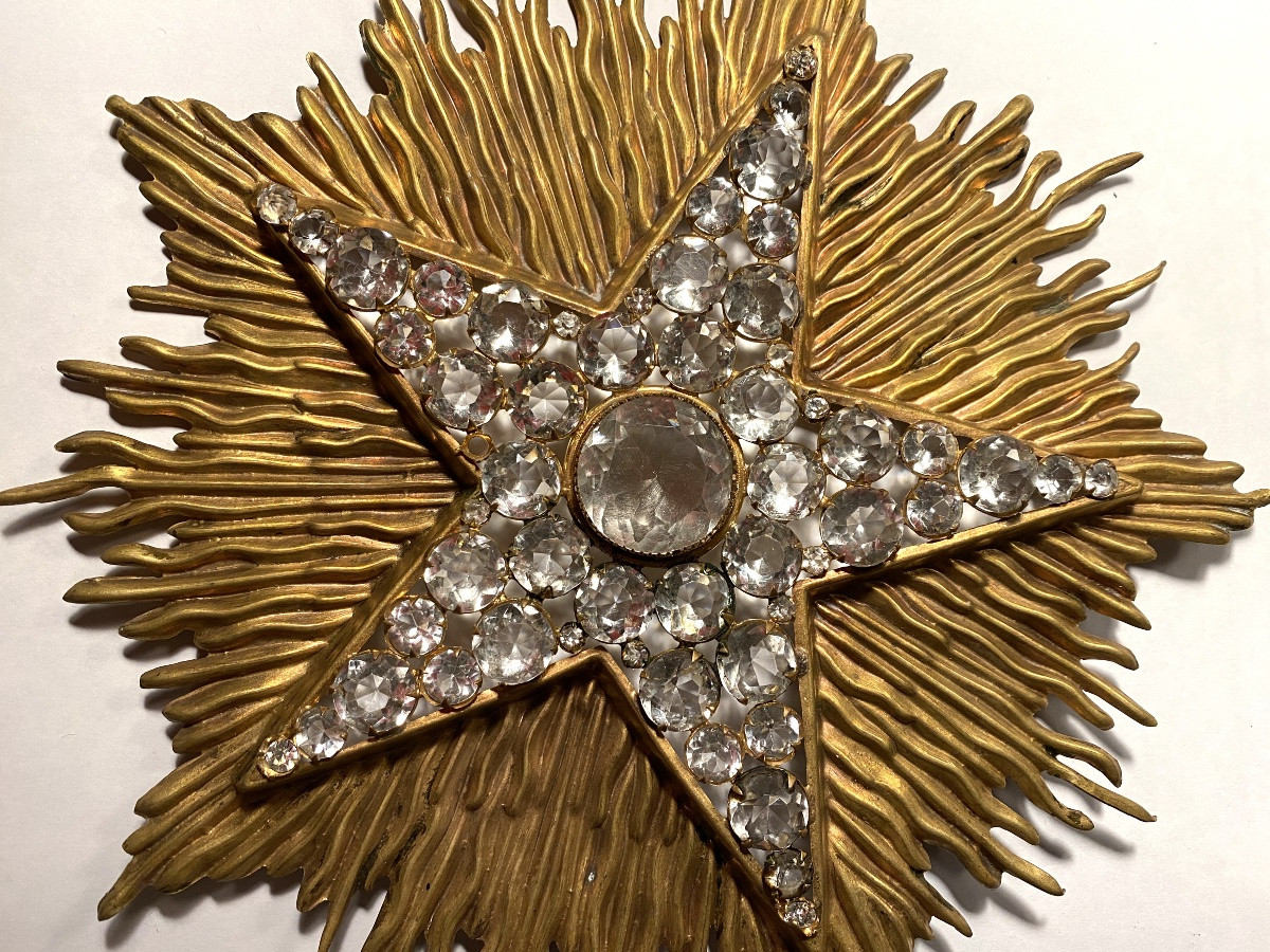 Grande étoile veilleuse de cierge XIXème. Strass sur fond rayonnant en laiton doré. -photo-4