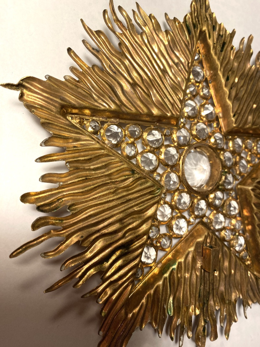 Grande étoile veilleuse de cierge XIXème. Strass sur fond rayonnant en laiton doré. -photo-3