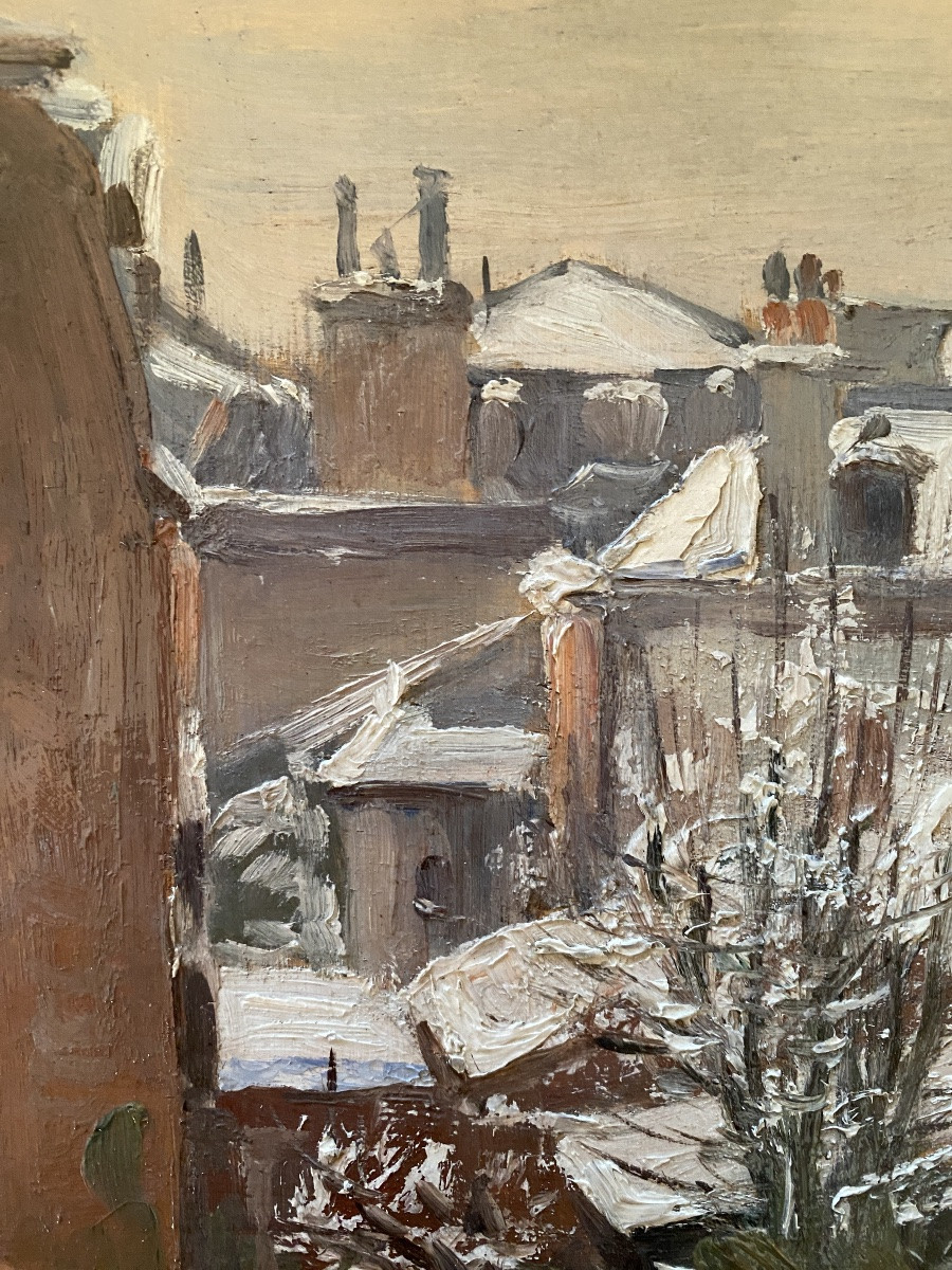 “Les toîts sous la neige”. Huile sur panneau encadrée . Ecole française début XXème. -photo-3