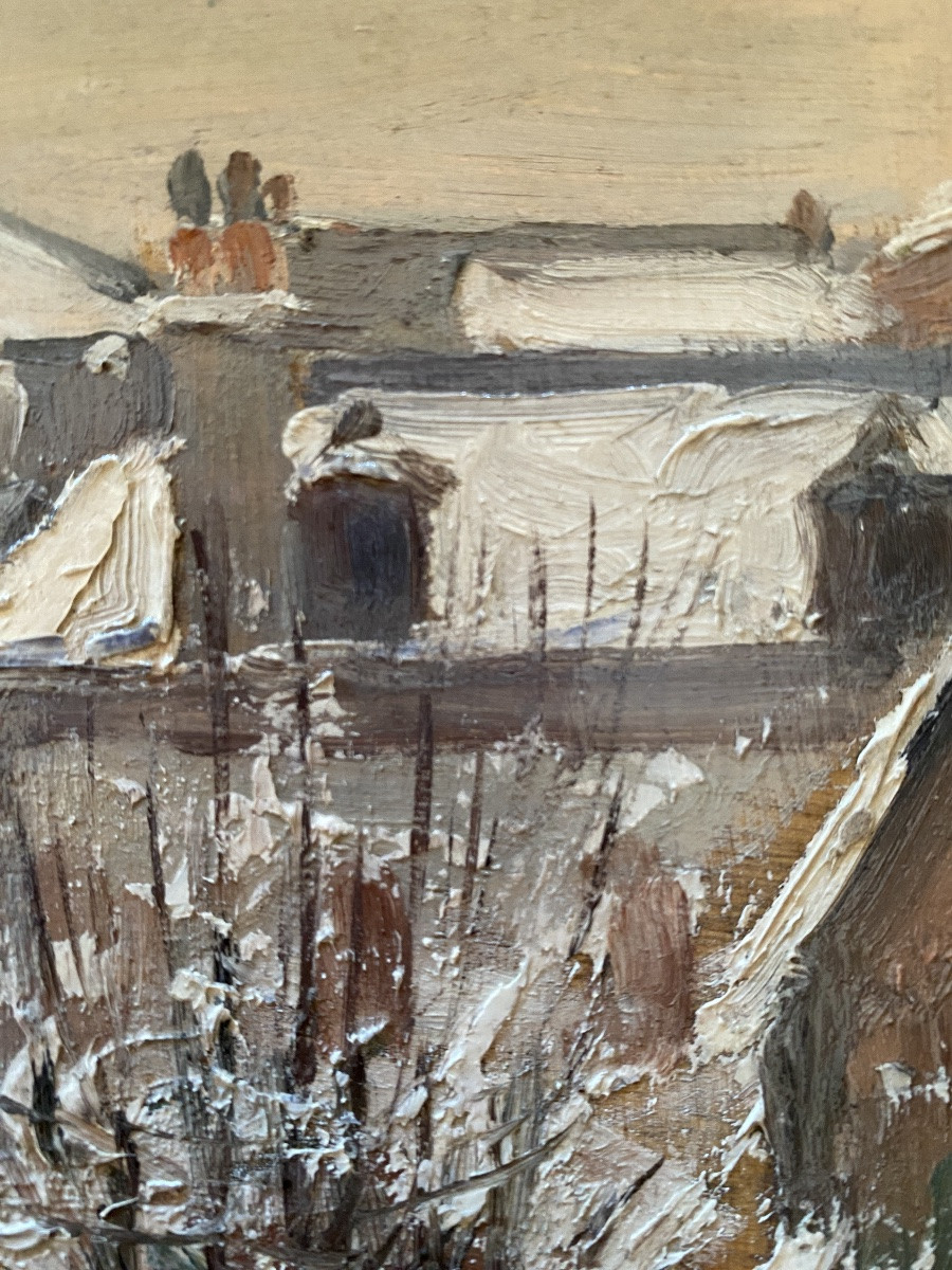 “Les toîts sous la neige”. Huile sur panneau encadrée . Ecole française début XXème. -photo-1
