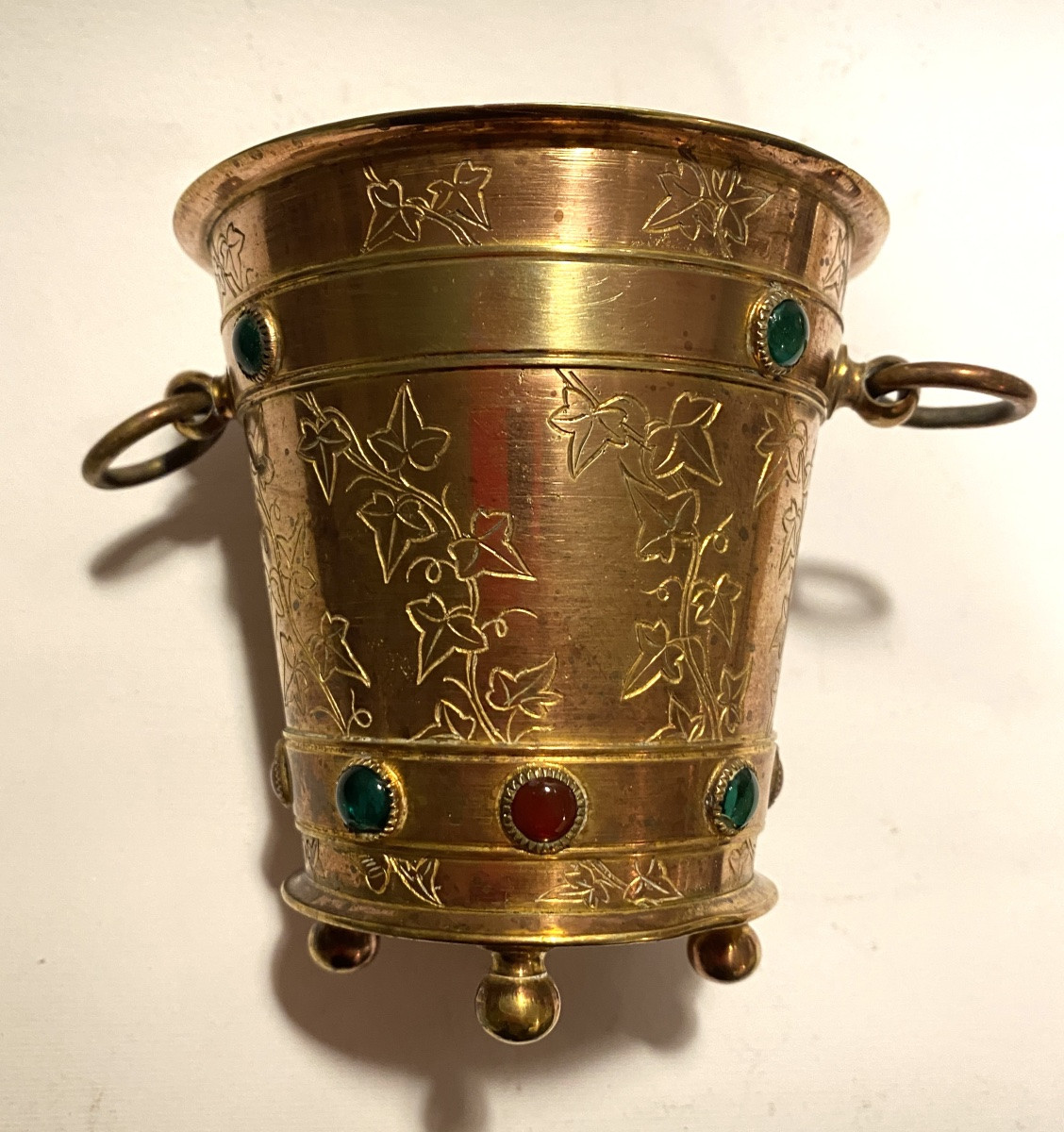 Small 19th  Bronze Planter. Decorated With Engraved Ivy Leaves And Glass Cabochons.  -photo-3