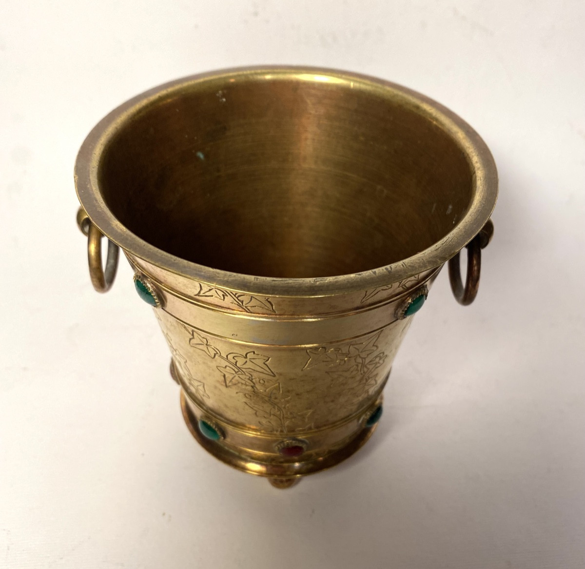 Small 19th  Bronze Planter. Decorated With Engraved Ivy Leaves And Glass Cabochons.  -photo-1