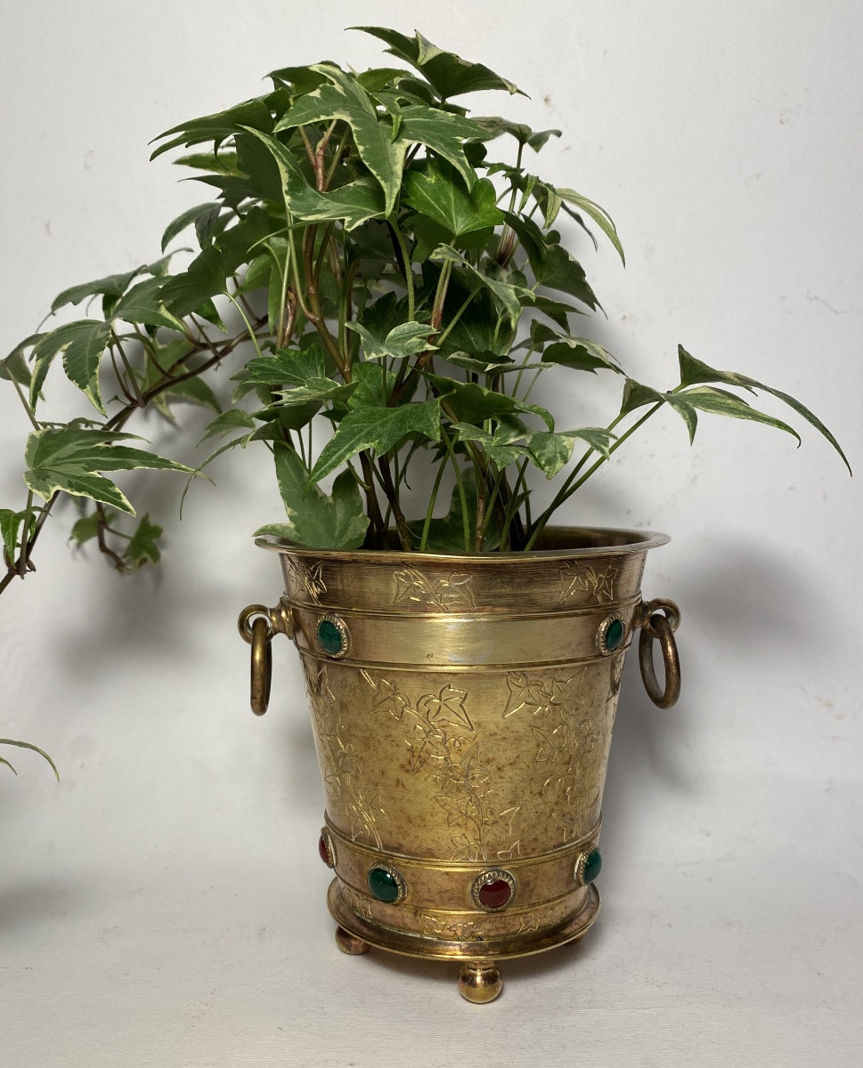 Small 19th  Bronze Planter. Decorated With Engraved Ivy Leaves And Glass Cabochons.  -photo-4