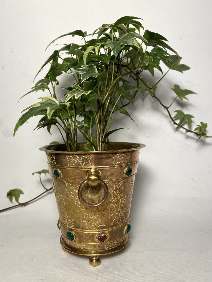 Small 19th  Bronze Planter. Decorated With Engraved Ivy Leaves And Glass Cabochons.  -photo-5
