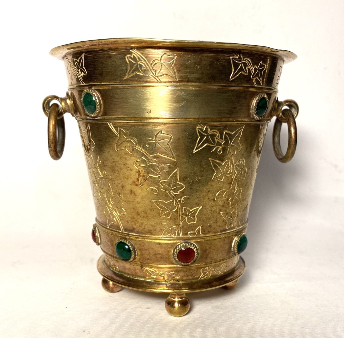 Small 19th  Bronze Planter. Decorated With Engraved Ivy Leaves And Glass Cabochons.  