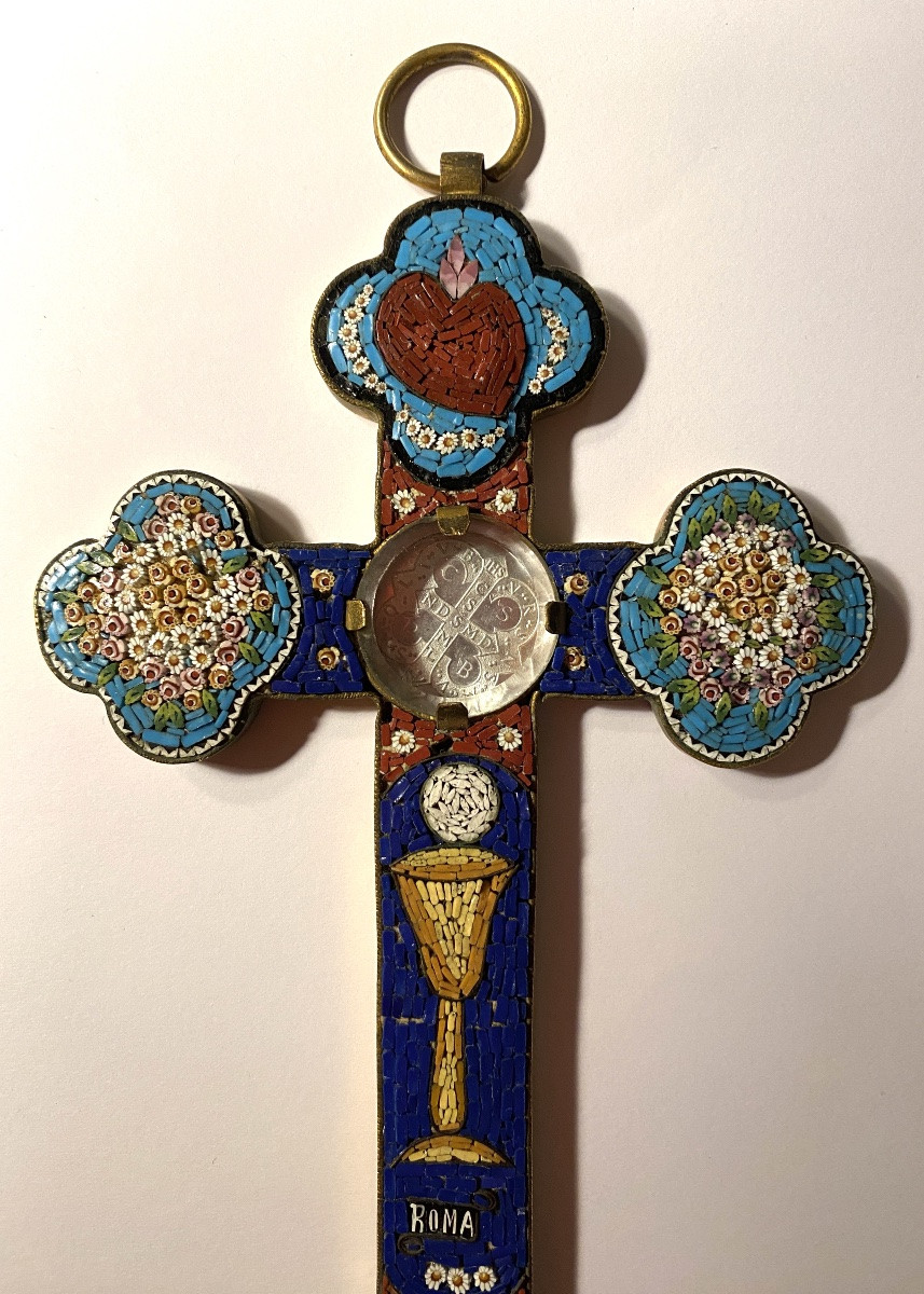 Cross With Micro-mosaic. Italy, Early 20th. Flaming Heart, Chalice, Flowers And Column.-photo-2