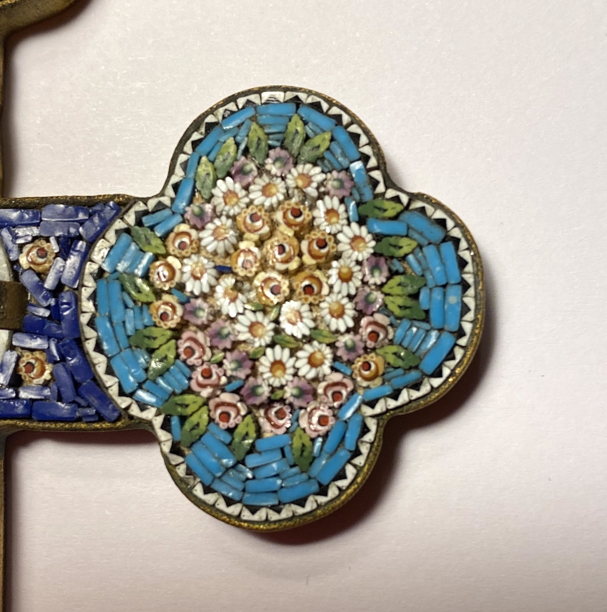 Cross With Micro-mosaic. Italy, Early 20th. Flaming Heart, Chalice, Flowers And Column.-photo-1