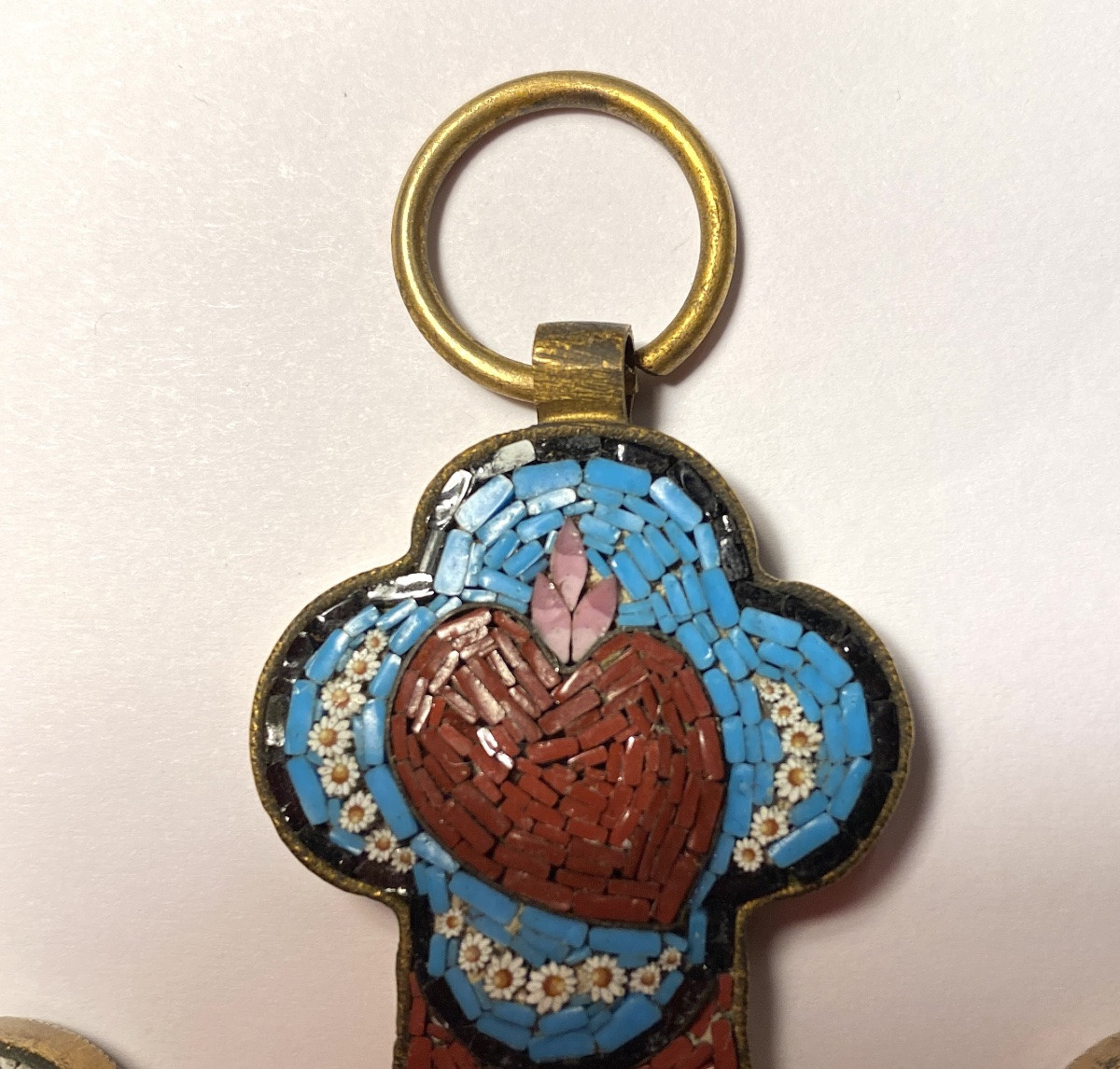 Cross With Micro-mosaic. Italy, Early 20th. Flaming Heart, Chalice, Flowers And Column.-photo-2