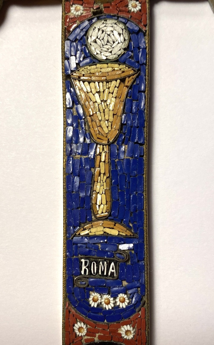 Cross With Micro-mosaic. Italy, Early 20th. Flaming Heart, Chalice, Flowers And Column.-photo-4