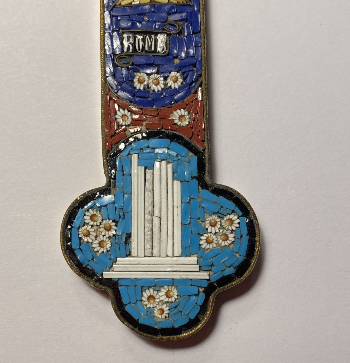 Cross With Micro-mosaic. Italy, Early 20th. Flaming Heart, Chalice, Flowers And Column.-photo-5