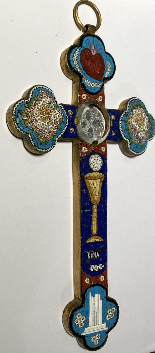 Cross With Micro-mosaic. Italy, Early 20th. Flaming Heart, Chalice, Flowers And Column.-photo-6