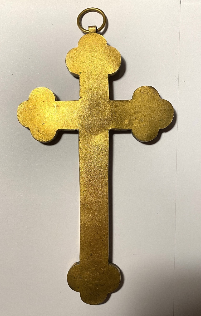 Cross With Micro-mosaic. Italy, Early 20th. Flaming Heart, Chalice, Flowers And Column.-photo-7