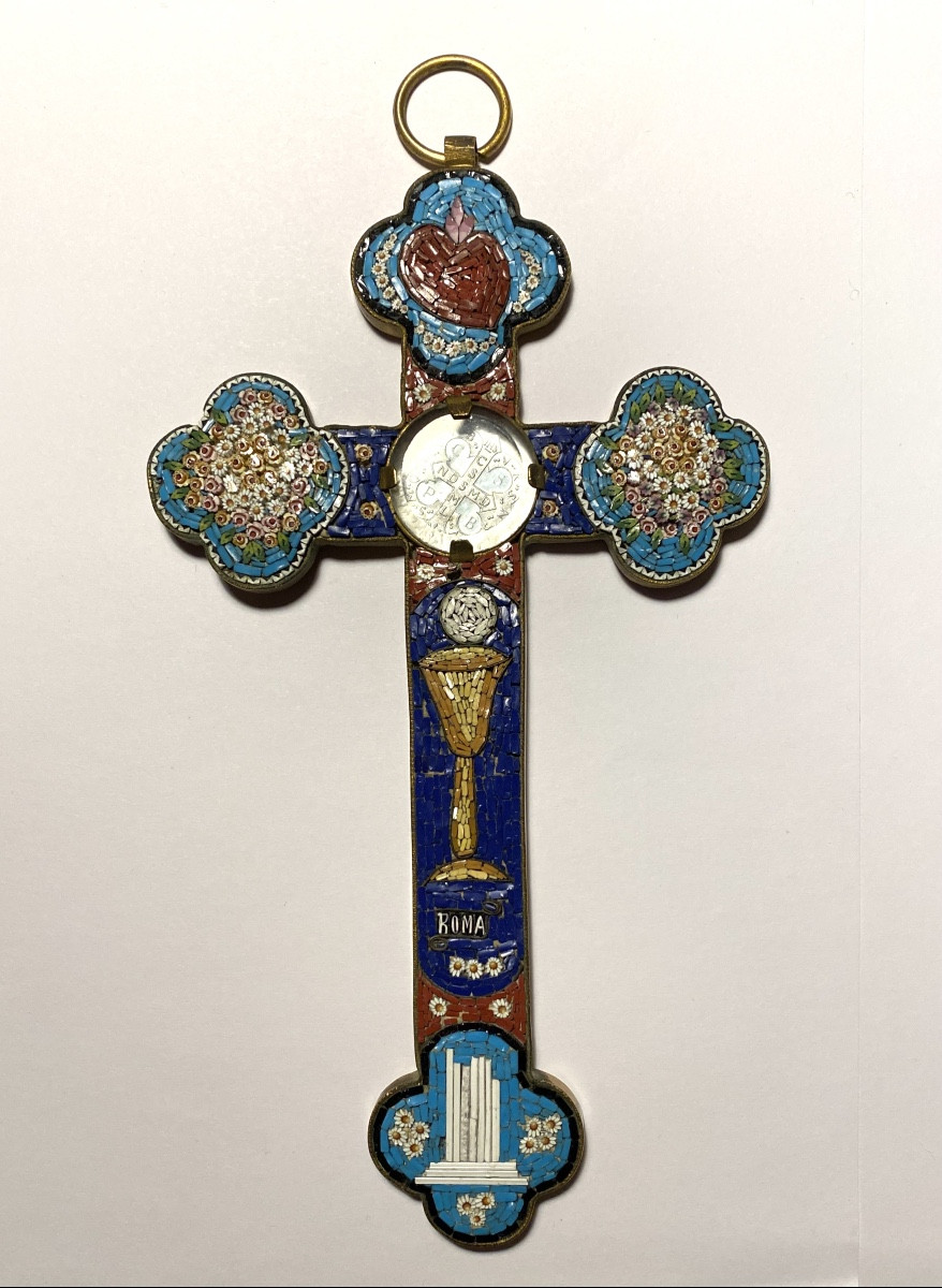 Cross With Micro-mosaic. Italy, Early 20th. Flaming Heart, Chalice, Flowers And Column.