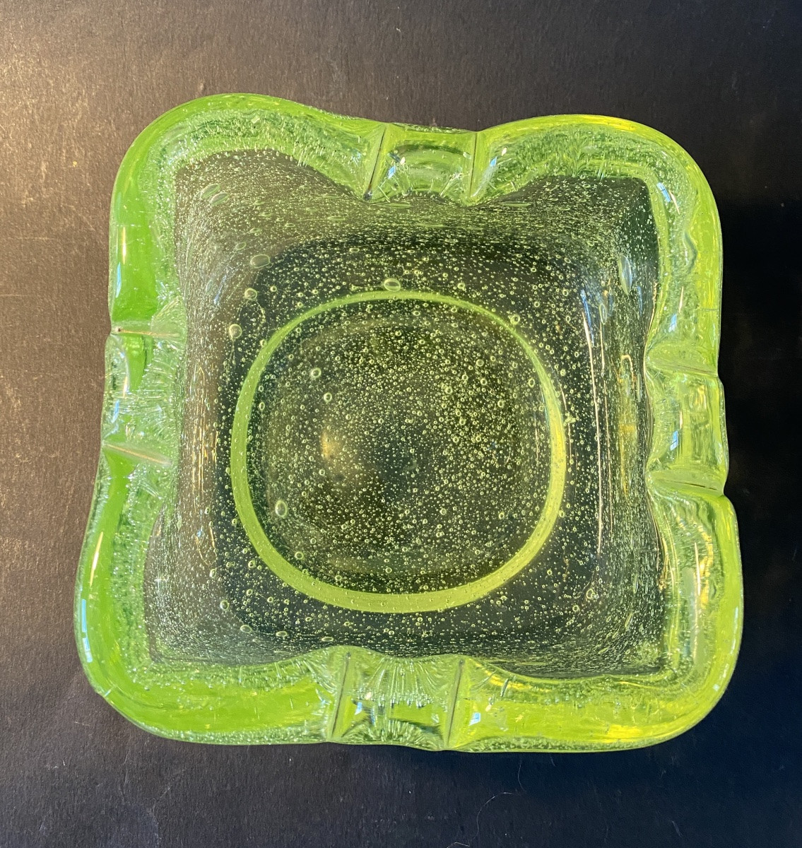 Anise Green Bubbled Crystal Bowl. Vaseline Glass. Mid-20th.  Schneider, France. -photo-3