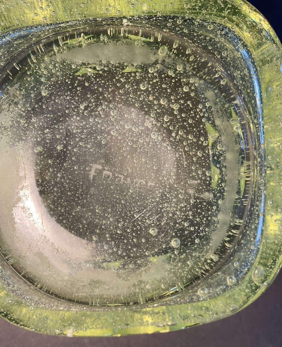 Anise Green Bubbled Crystal Bowl. Vaseline Glass. Mid-20th.  Schneider, France. -photo-2