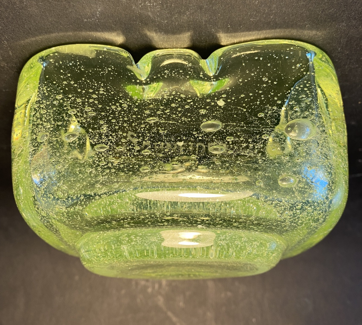 Anise Green Bubbled Crystal Bowl. Vaseline Glass. Mid-20th.  Schneider, France. -photo-3