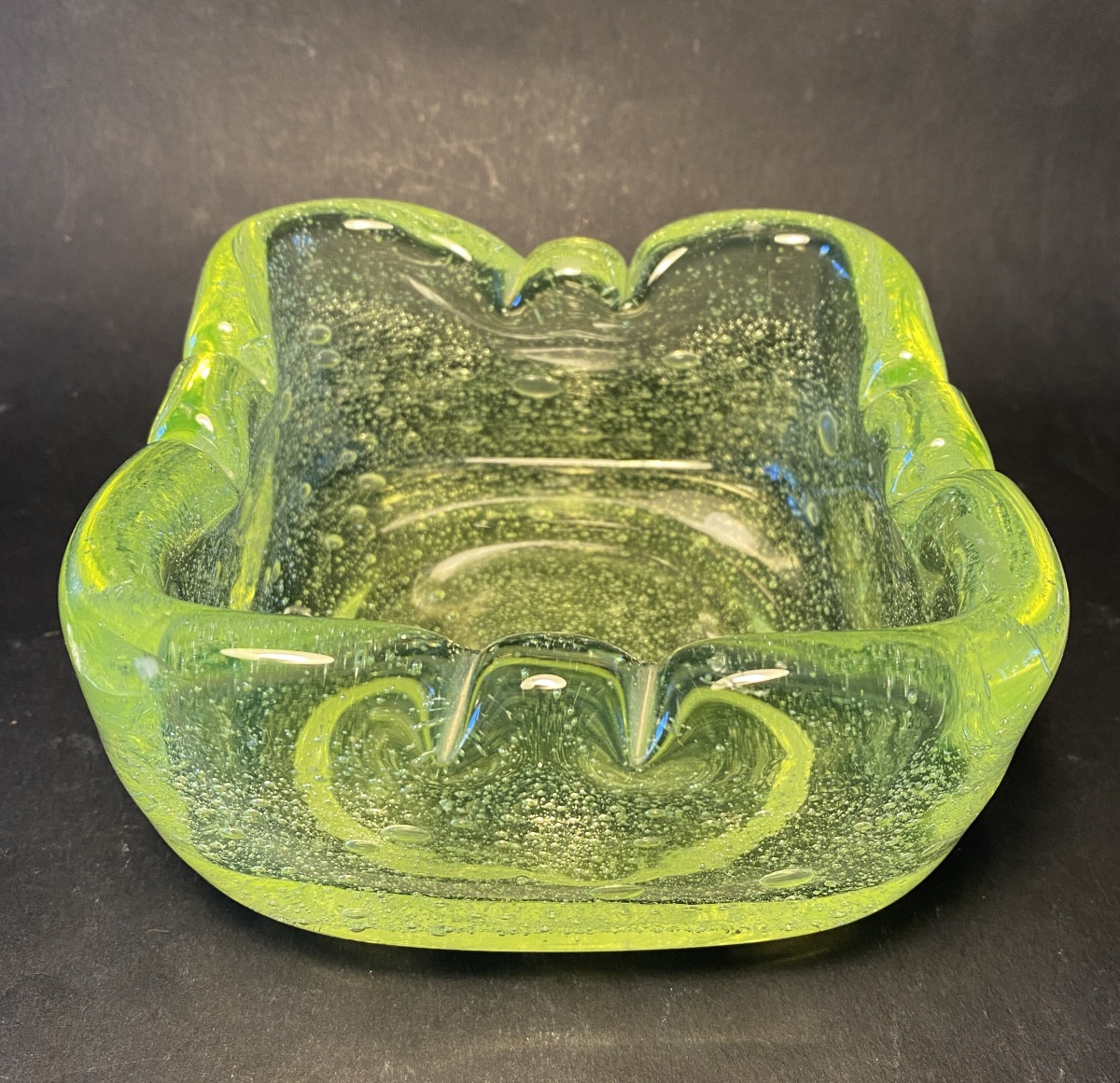 Anise Green Bubbled Crystal Bowl. Vaseline Glass. Mid-20th.  Schneider, France. 