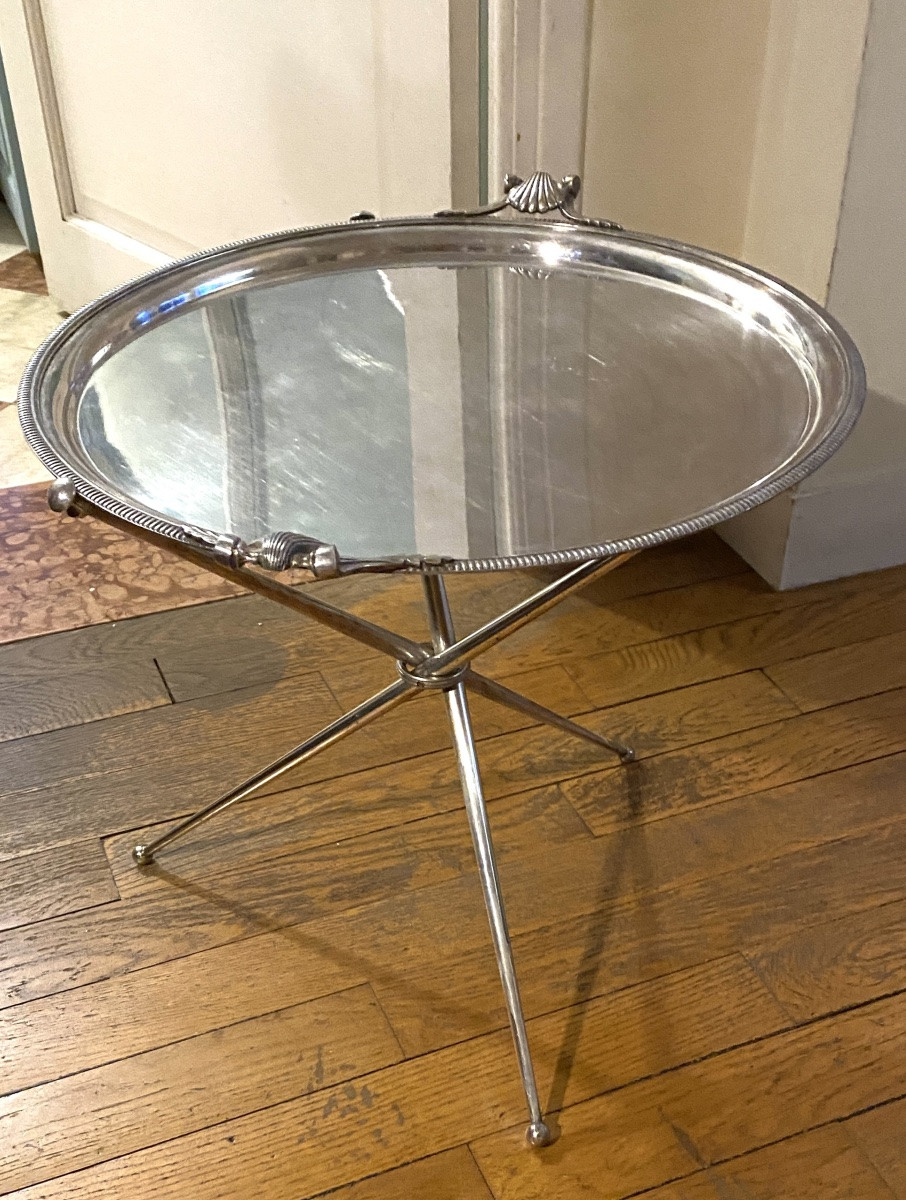 Guéridon tripode en métal argenté. Plateau amovible. Style Baguès. Milieu XXème. -photo-2