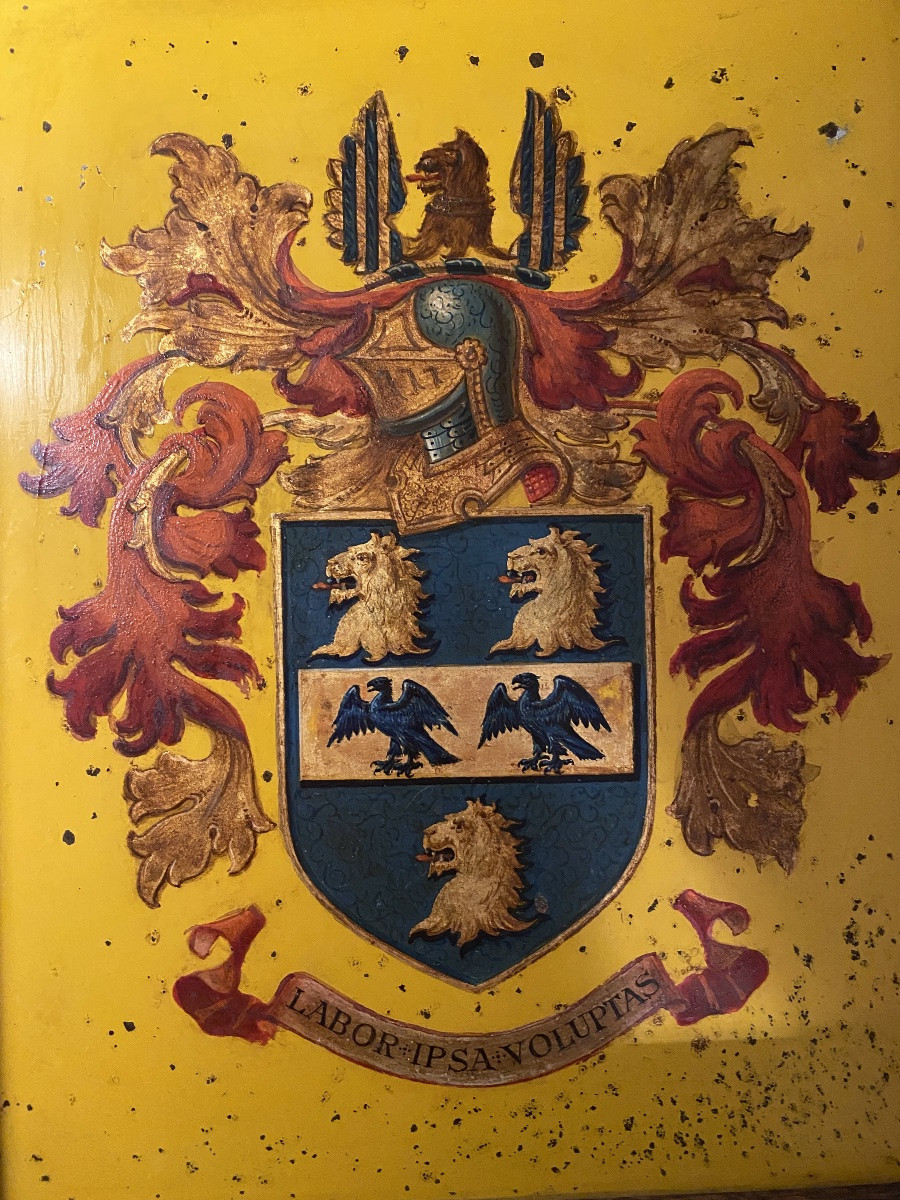 « Labor Ipsa Voluptas ».Armoiries. Blason XIXème. Huile sur panneau encadrée. -photo-3