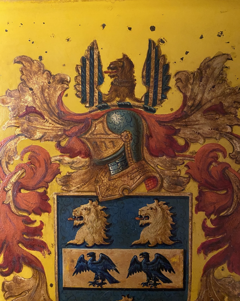 « Labor Ipsa Voluptas ».Armoiries. Blason XIXème. Huile sur panneau encadrée. -photo-1