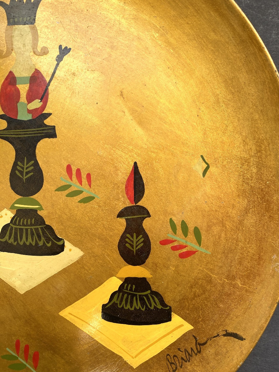 Georges Briard. 1950s Sheet Metal Tray. Painted Decoration. Chess Pieces On A Gold Background.-photo-3