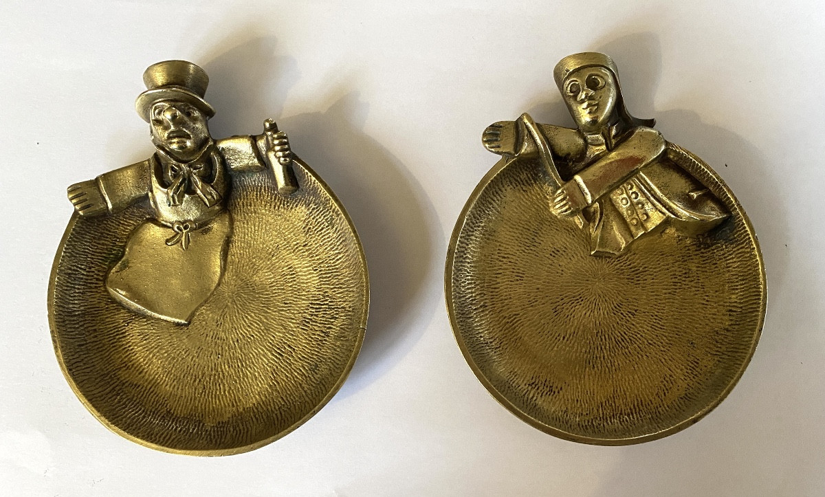 Pair Of Early 20th Bronze Trinket Trays. Guignol And Gnafron Lyonnais Puppets.
