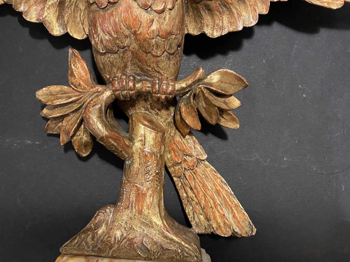 Early 19th Century Carved And Gilded Wooden Eagle. Marble Base. -photo-2