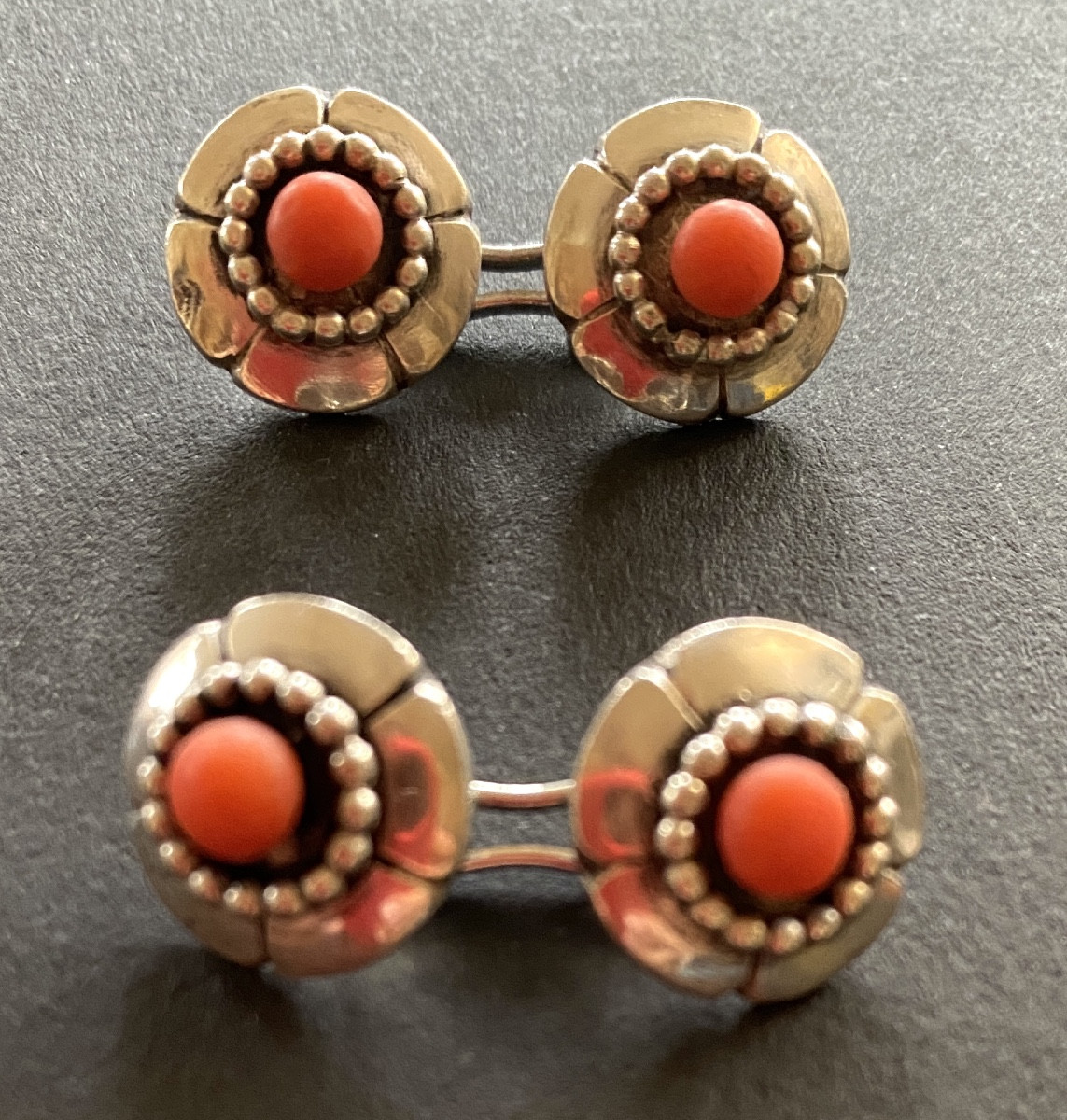 Four Art Deco Silver And Coral Buttons. Silversmith Grange.